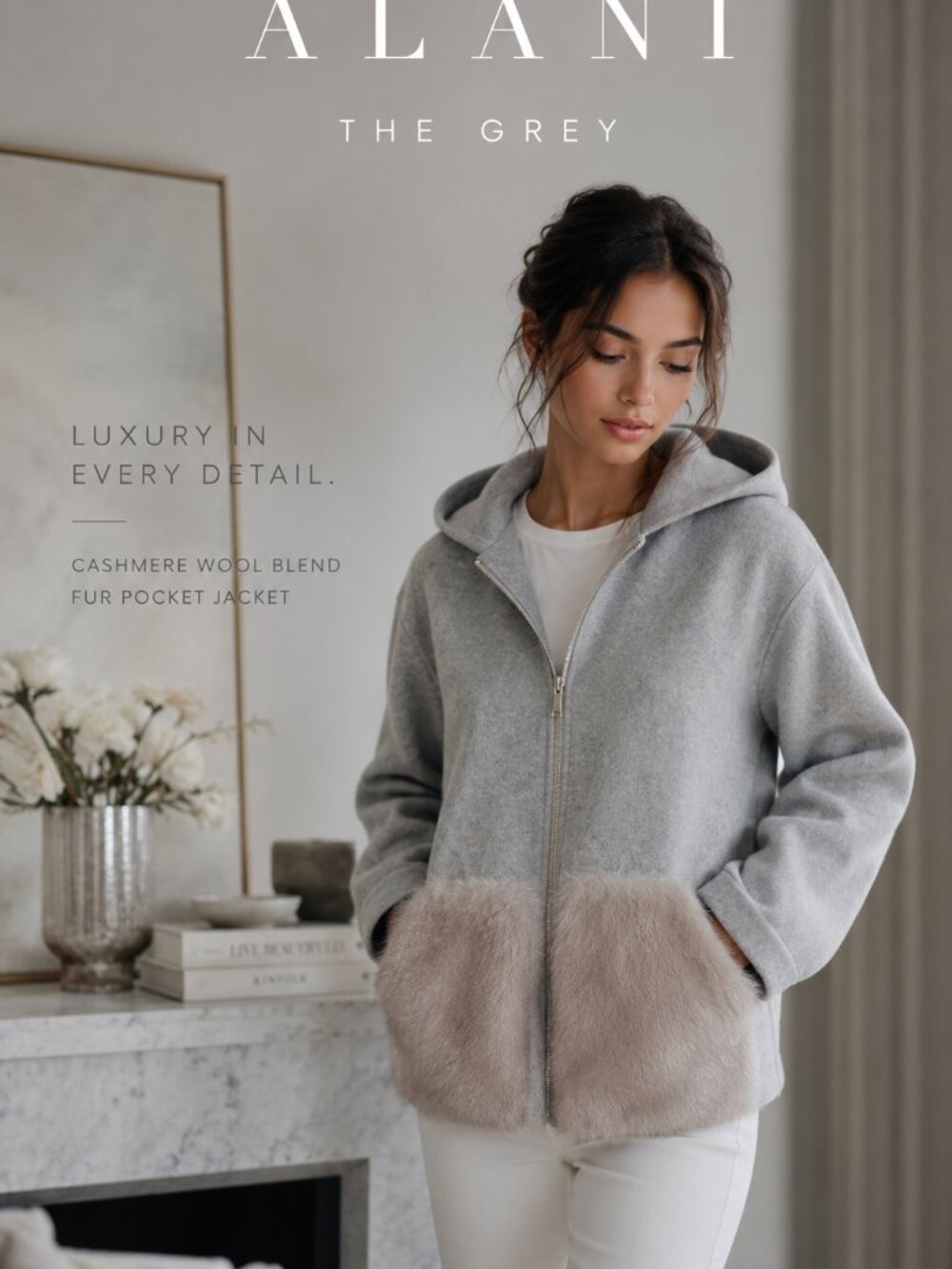 Alani The Grey Wool Cashmere Blend Hooded Zip Jacket Faux Fur Pockets M